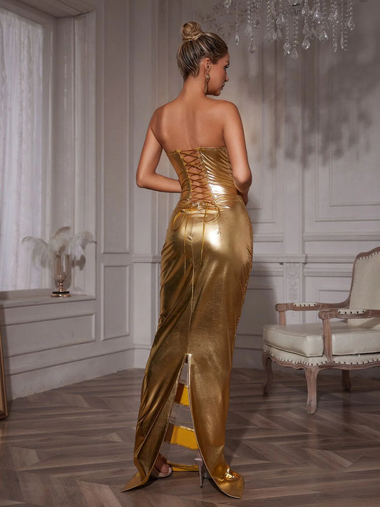 Robe longue enveloppée de chaîne corset sans bretelles Aksel